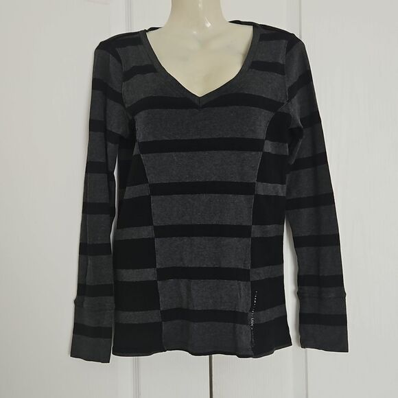 Calvin Klein Stripped Long Sleeves Cotton T-Shirt Medium Black/ Gray - Picture 1 of 16